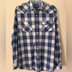 AMERICAN RAG Mens 100% Cotton Blue/White Plaid Button Down Long Sleeve Shirt  L